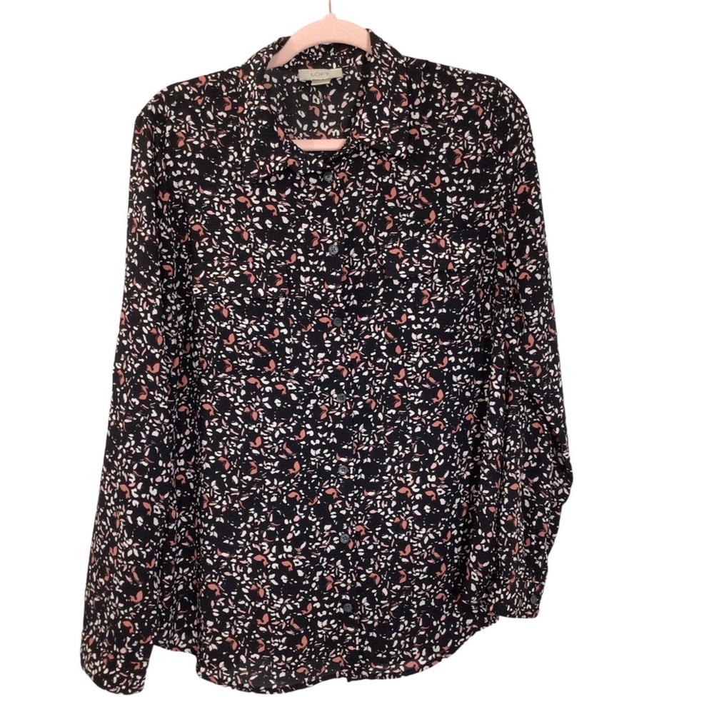 Loft multi color button down Long sleeve button chest collared Lg Career Blouse